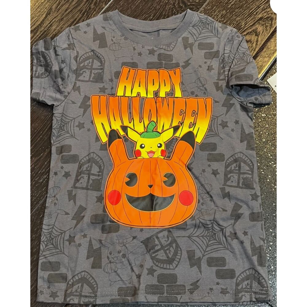 Pokemon Boys Small 6/7 Short Sleeve Shirt Pikachu Pumpkin Happy Halloween